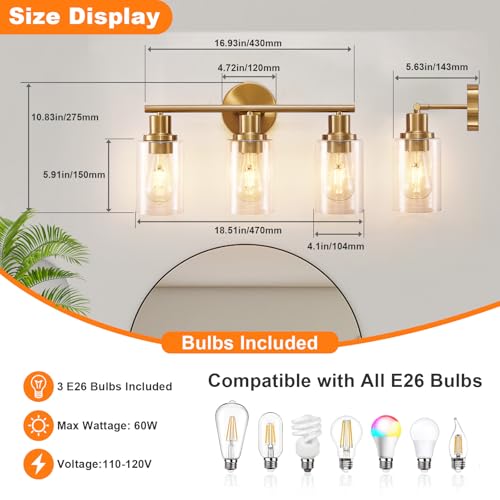 Image of DLLT 3-Light Bathroom Light Fixtures: Gold Modern Vanity Wall Lights with E26 Bulbs - Clear Glass Shade Bathroom Wall Lamp for Mirror Kitchen Living Room Hallway Cabinet Porch