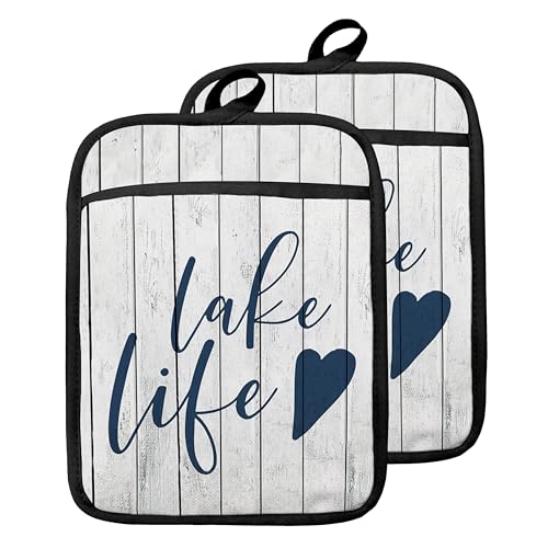 GOOZHO Lake Life Gifts Pot Holders with Pockets, Lake Life House Gifts for Women Oven Pot Holders Heat Resistant Oven Mitts Hot Pads for Kitchen Baking Cooking