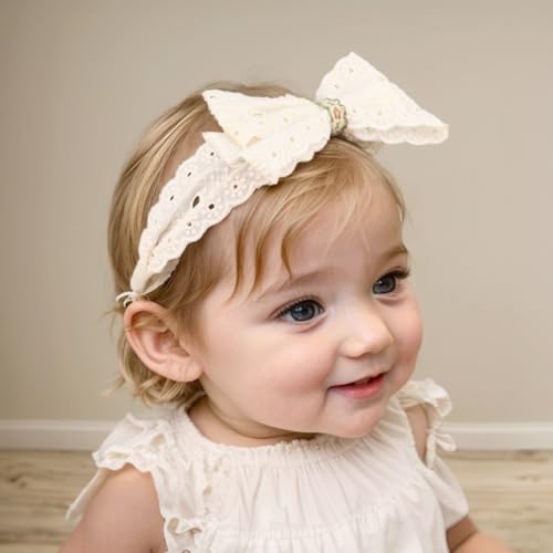 Bethynas Baby White Lace Elastic Headband Toddler Hair Bow Baptism Christening Hairband Infant Soft Fabric Birthday Party Headwrap Accessory for Newborn Little Girl (Off-white 8, Elastic)2
