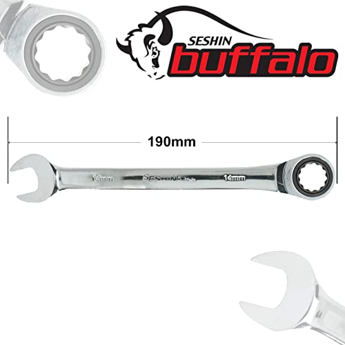 Seshin Buffalo 14mm Ratchet Spanner Steel Fixed Head Gear Wrench Open End & Ring (14mm) - Image 2