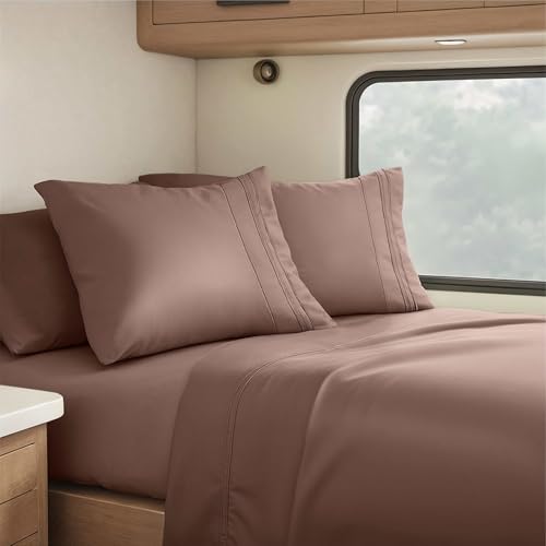 Image of Nestl Chocolate Brown Short Queen Sheets for RV, Hotel Luxury RV Queen Sheets Set, 4 Piece Fitted Bed Sheet Set and Pillowcases, Super Soft, Wrinkle-Free, and Breathable Camper Bedding
