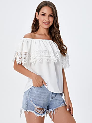 WDIRARA Women's Off The Shoulder Ruffle Trim Short Sleeve Lace Blouse Casual Tops3