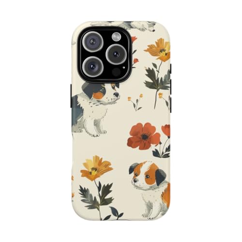 Coque rigide iPhone 16 Pro chiot et fleurs pour un style tendre