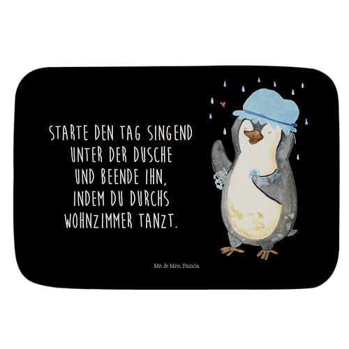 Mr. & Mrs. Panda Badvorleger Pinguin duscht - Geschenk, Badteppich, Badezimmermatte,...