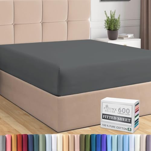 Pizuna Pure Combed Cotton Single Bed Fitted Sheet Dark Grey, 600 Thread Count 100% Long Staple Cotton Fitted Sheet Single Bed 90 X 200cm, Sateen Weave 40 cm Deep Fitted Sheets 1 PC Dark Grey