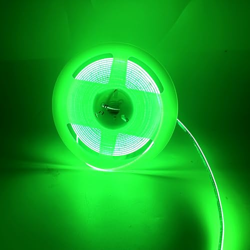 Green COB LED Strip, 5M Thin 3mm Width Narrow CRI90 Uniform Dotless 384LEDs/M Self Adhesive Flexible Cuttable LED Tape for DIY, Bedroom, Under Cabinet Lighting (Green, 12V-3mm)