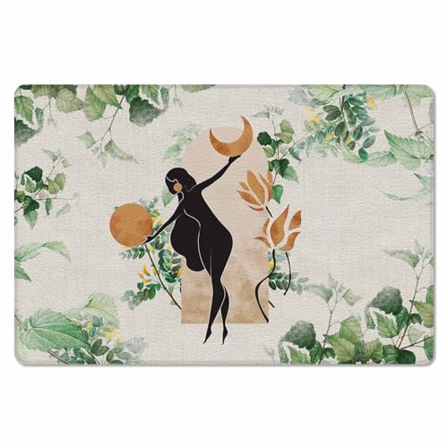 Boho Art Antifatigue Kitchen Bath Door Mat Cushioned Runner Rug,Washable Welcome Floor Sink Mat,Waterproof & Non-Slip Standing Doormat for Kitchen,Modern Abstract Tropical Leaves Green Brown 20