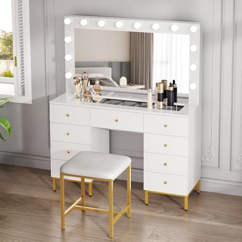 DWVO Makeup Vanity Set with Lighted Mirror, Power Outlet and 14 Lights, Vanity Desk with 9 Drawers, 3 Color Modes Available for Bedroom, White