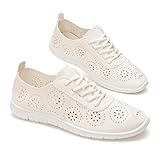 GLAMORA Zapatos Mujer Cordones Calados Transpirables Cómodos Ligeros Suela Flexible Antideslizante Plantilla Blanda Punta Fina Calzado Verano Ajuste Cómodo white-37