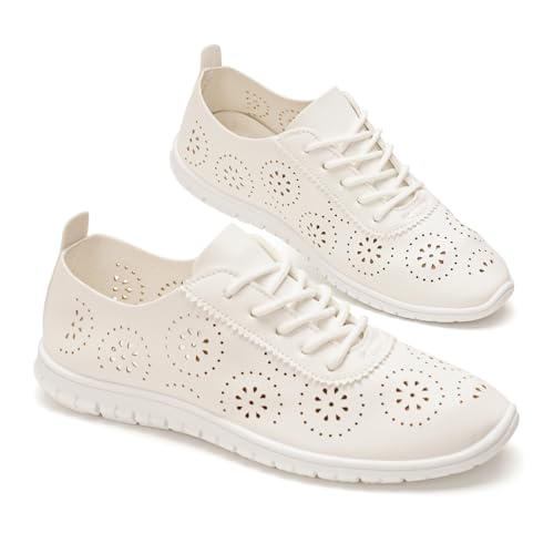 Imagen de GLAMORA Zapatos Mujer Cordones Calados Transpirables Cómodos Ligeros Suela Flexible Antideslizante Plantilla Blanda Punta Fina Calzado Verano Ajuste Cómodo white-39