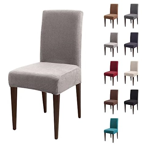 OCHS LIFESTYLE Stretch Chair Covers, Elastic Textured Grid Dining Chair Covers Set, Removable Washable Decorative Protective Slipcovers for Dining Room Kitchen Restaurant (Pack of 2, Light Grey) Cover