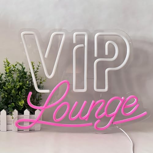 Image of VIP Lounge Neon Signs for Wall Decor, LED Neon Lounge Sign for Room, Pink White Letters Neon Signs USB Powered Neon Wall Signs for Bar, Hotel, Cafe, VIP Room, Man Cave, Club, Beauty Salon
