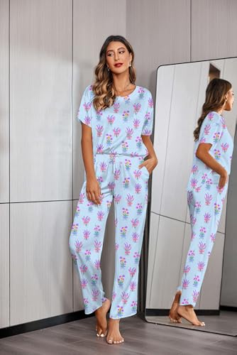 Image of Ekouaer Womens Satin Silky Pajama Set Short Sleeve Shirt with Long Pajama Pant Set Soft PJ Loungewear