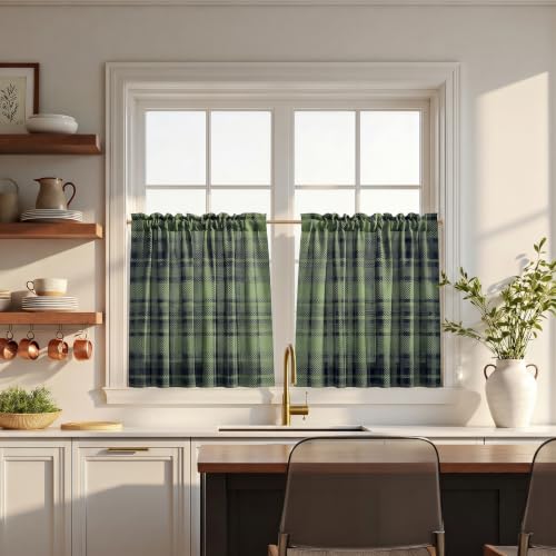 Image of TWOPAGES Rod Pocket Plaid Print Cafe Curtains, Evergreen, 34W x 30L