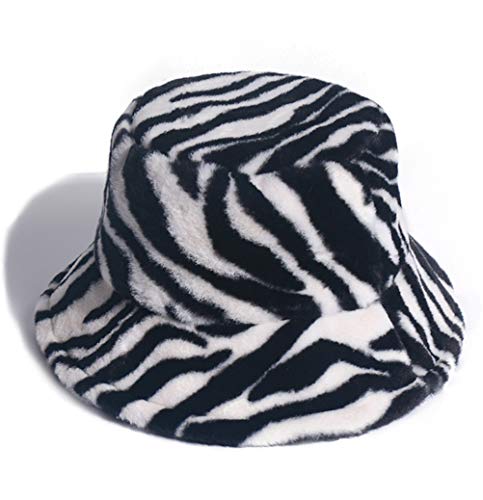 PURFANREE Women s Zebra Print Faux Fur Bucket Hat Fluffy Winter Warmer Fisherman Cap