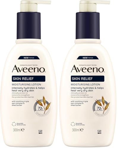 Aveeno Loción corporal hidratante Skin Relief (300 ml), loción corporal sin perfume para piel muy seca, cuidado natural de la piel con avena calmante y manteca de karité, vegana* (Paquete de 2)