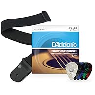 ACOUSTIC GUITAR ACCESSORIES & STRING KIT: D'Addario Acoustic Guitar Kit contains 1 pack of D'Addario EJ16 Phosphor Bronze Strings, Light 12-53 Gauge for 6 string acoustic guitars, 1 Poly Pro Black Adjustable Guitar Strap, and a 10 pack of Medium Cell...