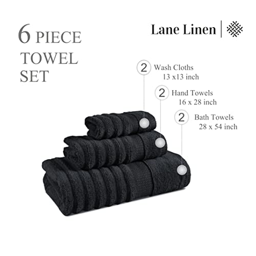 Image of LANE LINEN Zero Twist Cotton Bath Towels - 6 Piece Set - Super Soft, Hotel Quality - 2 Bath, 2 Washcloth, 2 Hand Towels for Bathroom - Classy Look, Gentle on Skin, Ideal for Spa & Daily Use - Black