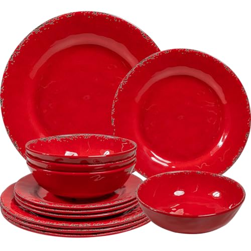 ZAROCRUS 12 Piece Farmhouse Melamine Dinnerware Sets Service For 4 Rustic Crackled Plates and Bowls Sets Melamine Dishes Set for Christmas Wedding Set of 4 Camping Dishes Red