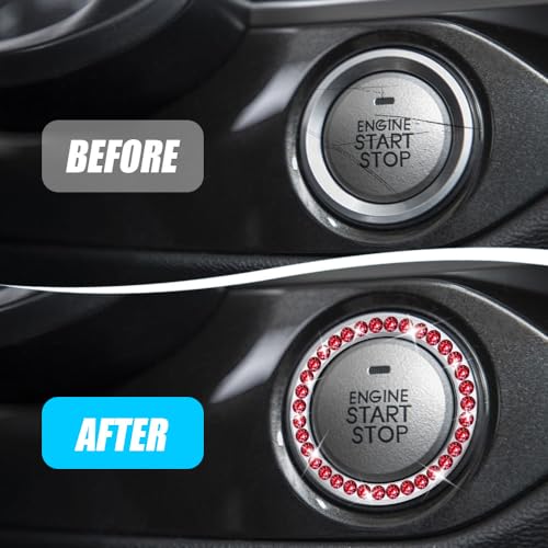 Image of 2 Pcs Crystal Rhinestone Car Engine Start Stop Decoration Ring, Push to Start Button Cover, Bling Car Accessories for Women, Key Lgnition Starter Knob Ring (Red)