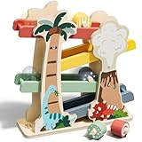 Lehoo Castle Kugelbahn Holz ab 1 Jahr, Dinosaurier Holz Kugelbahn mit 4 Scooter, Montessori Spielzeug ab 1 Jahr, Holzspielzeug Baby