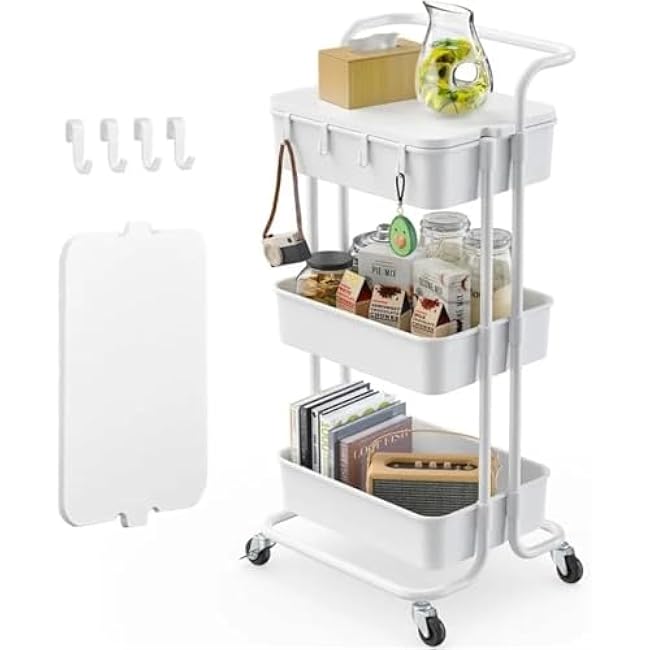 ´¢Îï³µ 3-Tier Rolling Cart with Wood Table Top - Mobile Kitchen Island Cart with Wheels, 4 Hooks & Storage Shelves, Multi-Purpose Utility Trolley for Home, Office, Bathroom Organization-mEAo0dpK