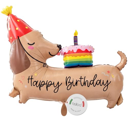 balloa Folienballon XXL Hund Dackel Happy Birthday Helium Ballon Tier Luftballon Geburtstag Kinderparty Deko Geburtstagsballon Hundemotiv für Jungen Mädchen Geschenk zum Kindergeburtstag 94cm