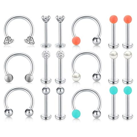 AVYRING 16g Lip Rings Labret Studs Medusa Piercing Ring Surgical Steel Forwards Helix Conch Rook Snug Orbital Earrings 18pcs 8mm Cover