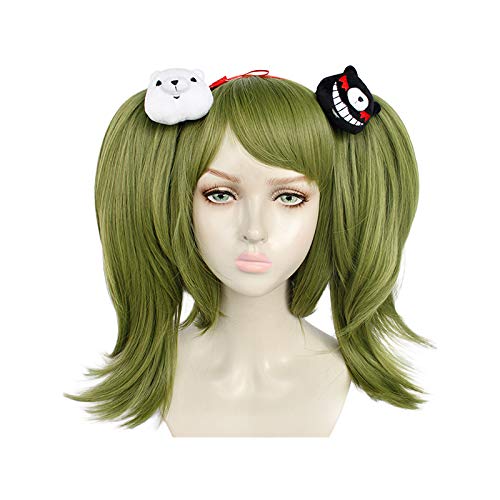 PWEINCY Dark Green Monaca Towa Cosplay Wig Clip on Ponytails Bears for Halloween