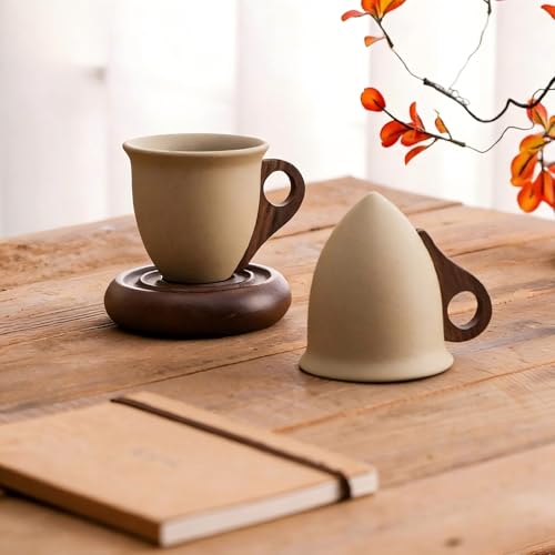 Taza de café cónica de cerámica con base y asa de madera miniatura 2