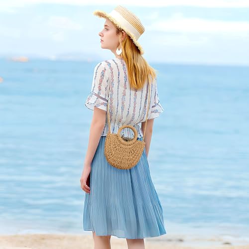 FENBEN Women Straw Crossbody Bag Summer Beach Weave Shoulder Bag Rattan, Brown, Small