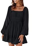 Dokotoo Square Neck Summer Dress for Women Tie Back Long Lantern Sleeve Ruffle A-Line Sexy Dress Casual Elastic Waist Mini Dress Black X-Small