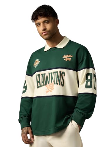 Image of The Souled Store Stranger Things: Hawkins High Men and Boys Long Sleeve Spread Collar Dark Green Graphic Printed Casual Lightweight Drop Shoulder Streetwear Cotton Oversized Polos