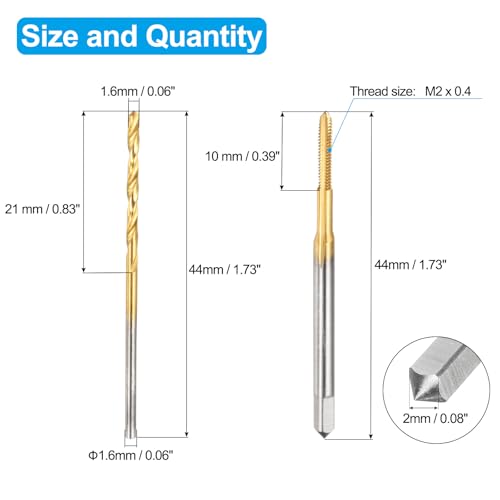 sourcing map Tap and Drill Bit Set, 1pcs M2 x 0.4 Straight Flute Thread Screw Tap & 1pcs 1.6mm Twist Drill Bit, Titanium Coated HSS-6542 Tapping Threading Tool Kit 2 sourcing map Tap and Drill Bit Set, 1pcs M2 x 0.4 Straight Flute Thread Screw Tap & 1pcs 1.6mm Twist Drill Bit, Titanium Coated HSS-6542 Tapping Threading Tool Kit - Image 2
