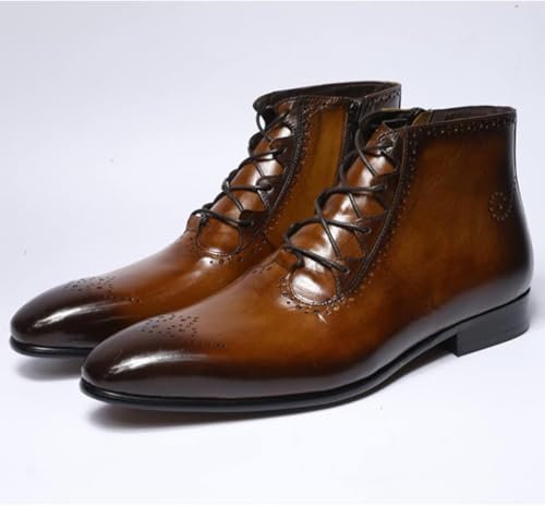 Men's Classic Handmade Genuine Cowhide Ankle Boots Pointed Toe Formal Shoes Side Zip Lace Up Business Boots,Brown,9.5 UK