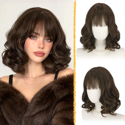 RUWISS Perruque Femme Naturelle Courte, 35 cm Perruque Cheveux avec Frange Bouclée Ondulée Synthétique pour Cosplay Quotidien (Brun avec Mèches Claires)