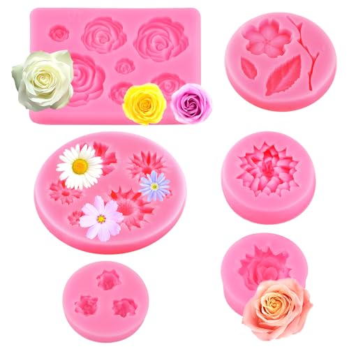 Deepton 6 Stück Silikonform Blumen, 3D Silikonformen Gießformen Blumen, Mini Rosen und Gänseblümchen Formen, Kerzenformen Silikon Set für Handgemachte Süßigkeiten, Schokolade, Kuchen und Seife