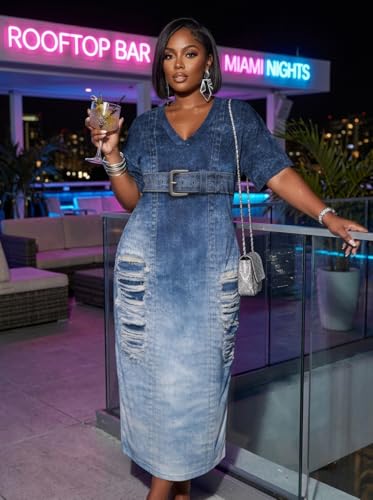 Image of SUZONANA Plus Size Denim Print Maxi Dresses for Women Casual V Neck Short Sleeve with Pockets Soft Jean Look Dress XL-6XL