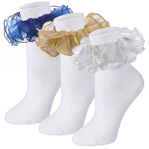 Image of Geyoga 3 Pairs Women Big Ruffle Socks Turn Cuff, Double Lace Ankle Cotton Frilly Socks for Ladies Summer