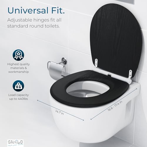 Image of Sanilo Wooden Toilet Seat with Quick Release & Soft Close [ROUND] - Decorative & Slow Close Molded Wood Seat - With One Click for Easy Installation & Cleaning - With Adjustable Fit (Black Wood)