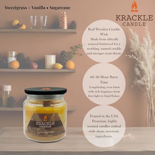 Image of Krackle Candle | Sweetgrass | 16 oz Scented Candle with Natural Crackling Wooden Wick | Poured in the USA | Vanilla & Sugarcane Fragrance