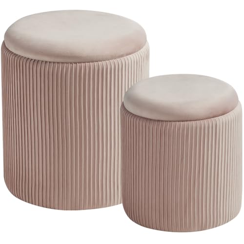 BLEXA Round Set of 2 Ottoman with Storage-Upholstered Velvet Vanity Stool for Makeup Multifunctional Ottomans Coffee Table Padded Seat Foot Rest for Living Room&Bedroom(Pink)