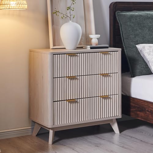 Image of T4TREAM Fluted 3 Drawer Dresser, 32 inch Tall Modern Chest of Drawers, Curved Profile Design, Wood Drawer Organizer for Bedroom, Living Room, Hallway, Entryway, White Alder