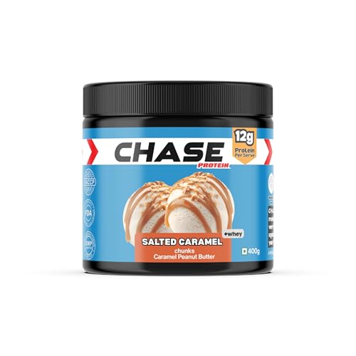Image of Chase High Protein Peanut Butter Creamy 400g | With Isolate Whey & 120g Protein in Jar | 12g Per Serve | Salted Caramel Flavour with Chunks | Healthy Nut Butter Spread for Breakfast, Fitness, Gym