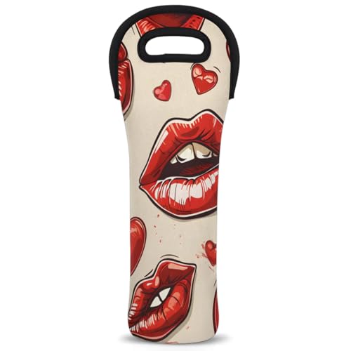Neoprene Wine Tote Carrier Bag for Wine,Water, Champagne, Beer, Baby Bottles 15.6 x 5.1 Inches, Protective Wine Bag,Red Lips