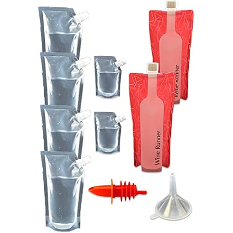 CRUISE RUNNERS Cruise Flask Kit 10 pcs Sneak Alcohol Rum Runners for Cruise Liquor Smuggle Booze Plastic Pouch Bags 4 x 32 oz. + 2 x 8oz 2 Wine Bottle Flasks 750ml Cover