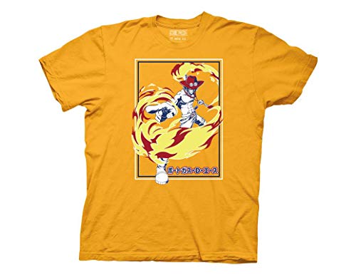 Ripple Junction One Piece Mens Short Sleeve T-Shirt Portgas D. Ace Fire Fist Anime Crew Neck Gold Medium