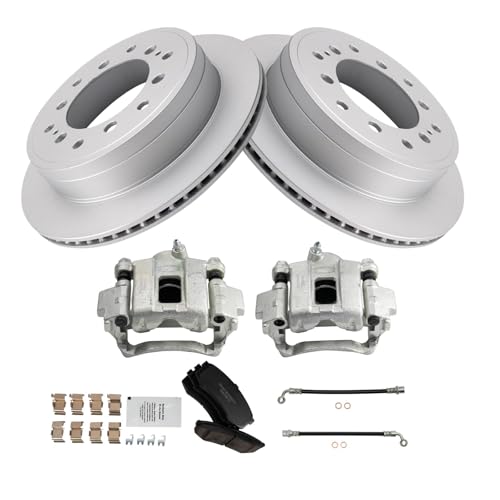 Image of TRQ Rear Brake Pad and Rotor Set Ceramic Coated Rotors Calipers Compatible with 2010-2021 Lexus GX460 2010-2020 Toyota 4Runner