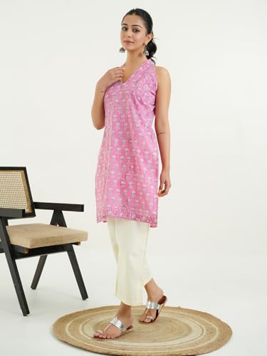 Image of GOODHAND Women Printed Cotton Kurti | Casual Long Kurta | Comfortable Ethnic Wear with Relaxed Fit