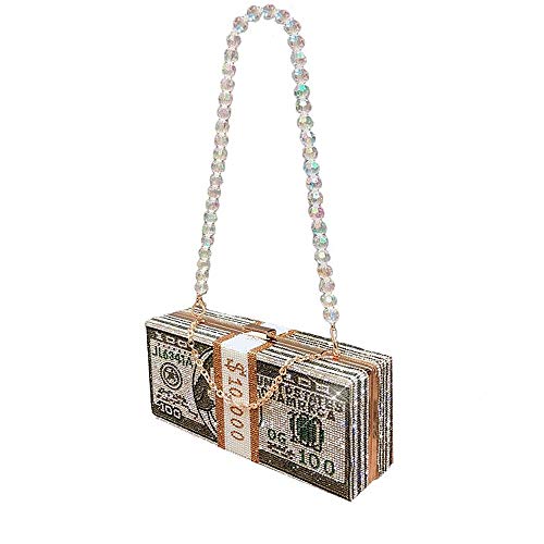 Luxury Women Crystal Money USD Bags Diamond Evening Bag Party Purse Clutch Bags Wedding Dinner Purses Handbags Dollar Design (Green+A pearl chain+A metal chain)